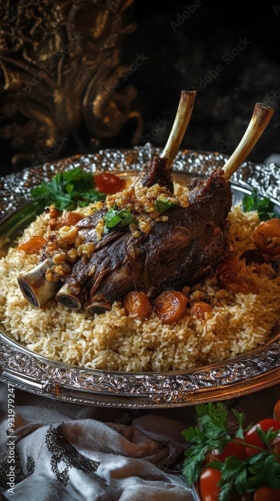 Royal mandi platter with twin lamb shanks on rice